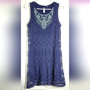 Xhileration Navy Blue Lace Dress with Attached Slip - Size Small